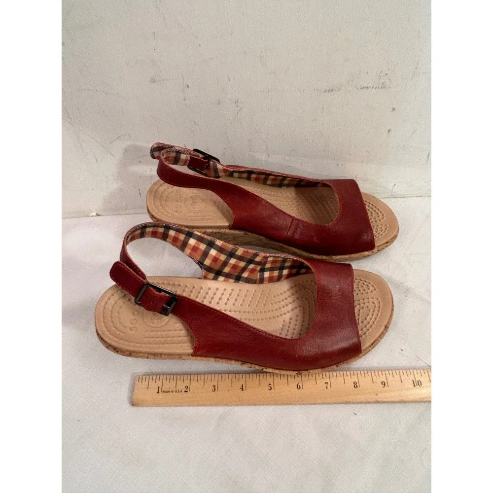 Crocs Leigh Wedge Sandal 8 Red Leather Cork Heel Slingback Womens